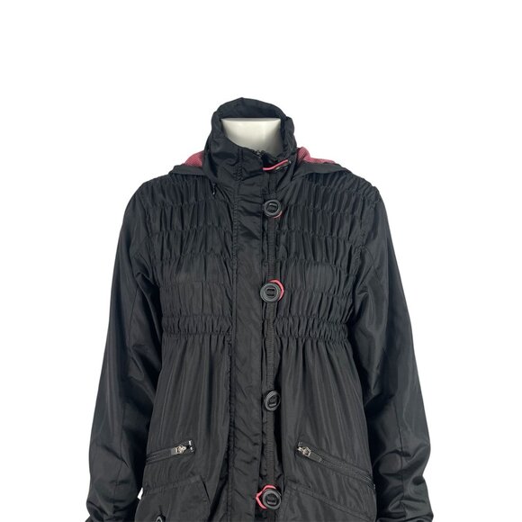 Athleta Shock Cord Anorak Hooded Jacket Black XS Long Length Mesh Lining Ruched - Picture 2 of 14